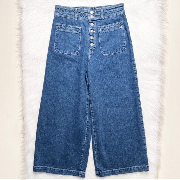 SOLD-Free People High Waist Button Fly Wide Leg Retro Cropped Jeans - Picture 2 of 11